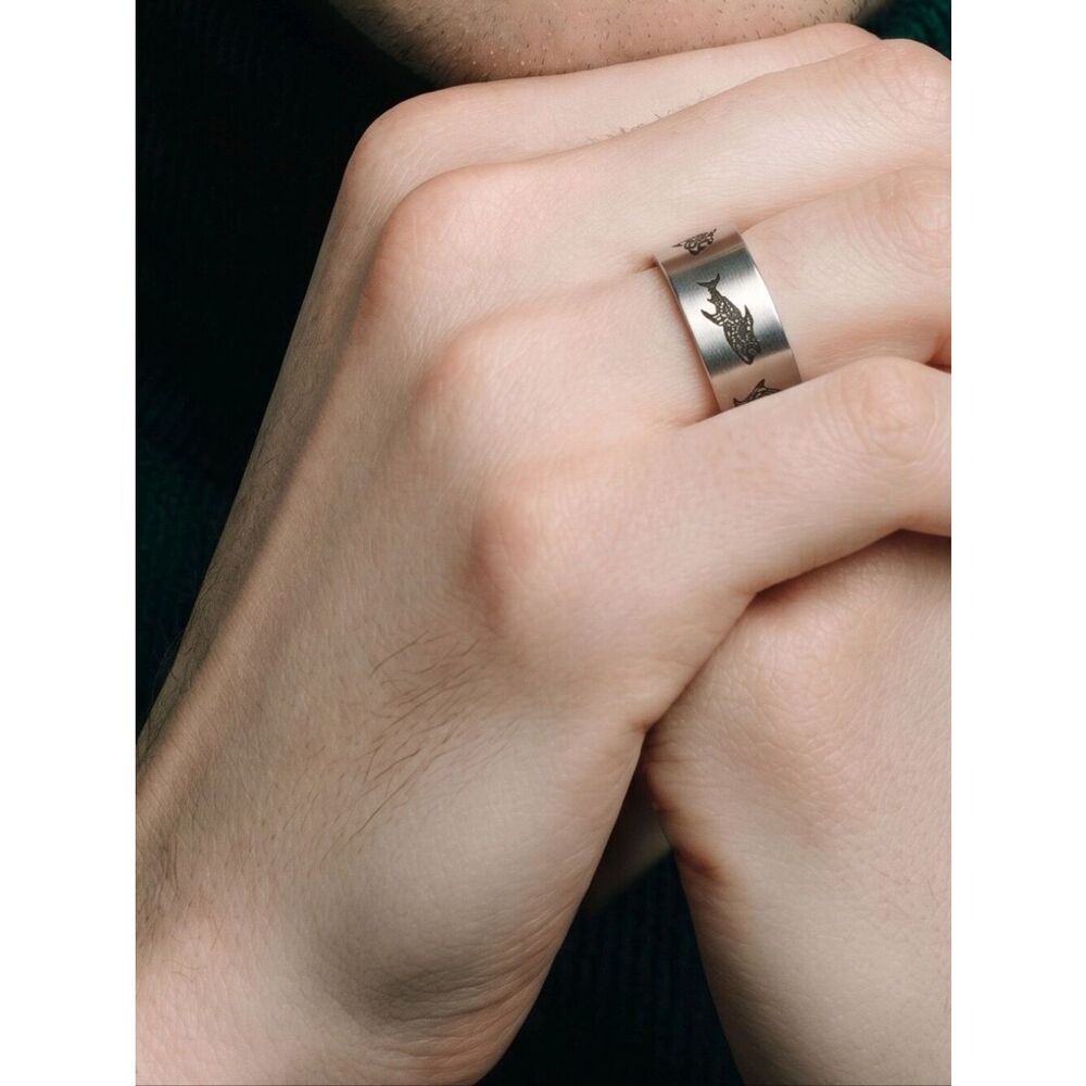 Shark Embossed Stainless Steel Band Ring – 8mm | Teen / Tween Boys Fish Jewelry